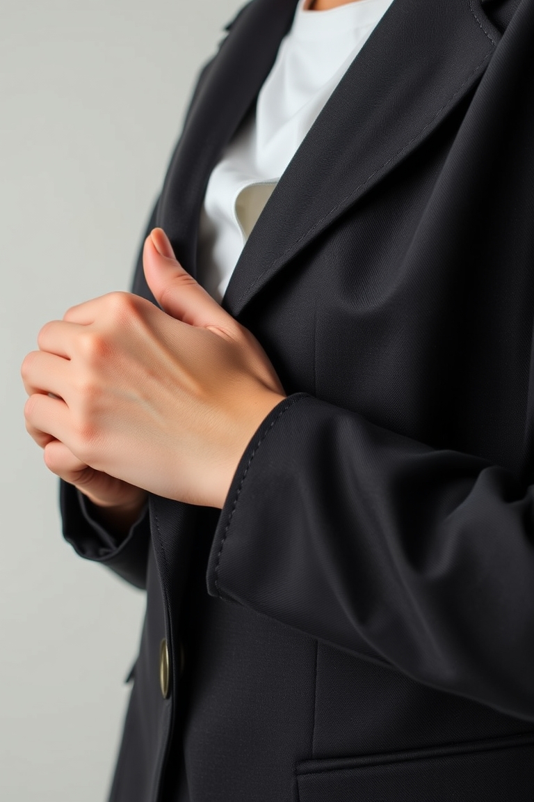 Detail of a professional interview look featuring a structured blazer.