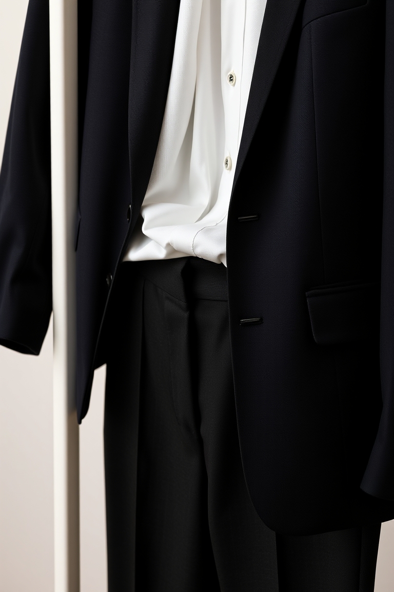 Office wardrobe basics displayed on a rack