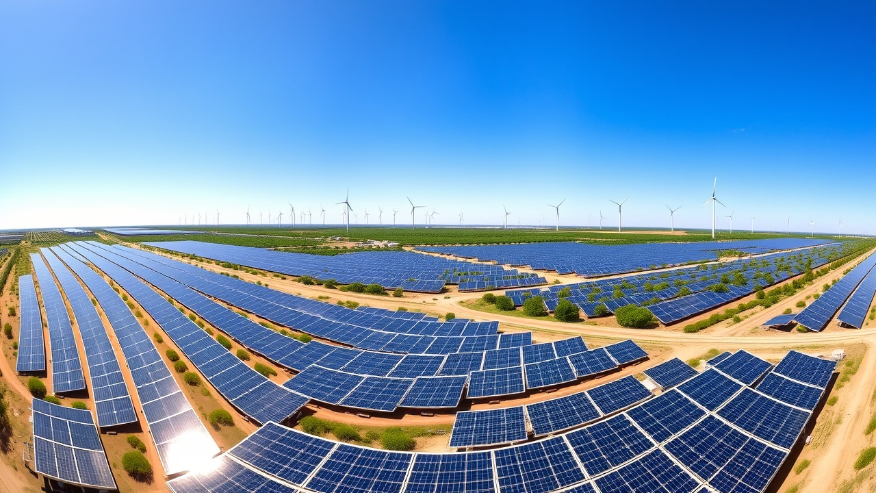 Solar panels and wind turbines together under a bright sky