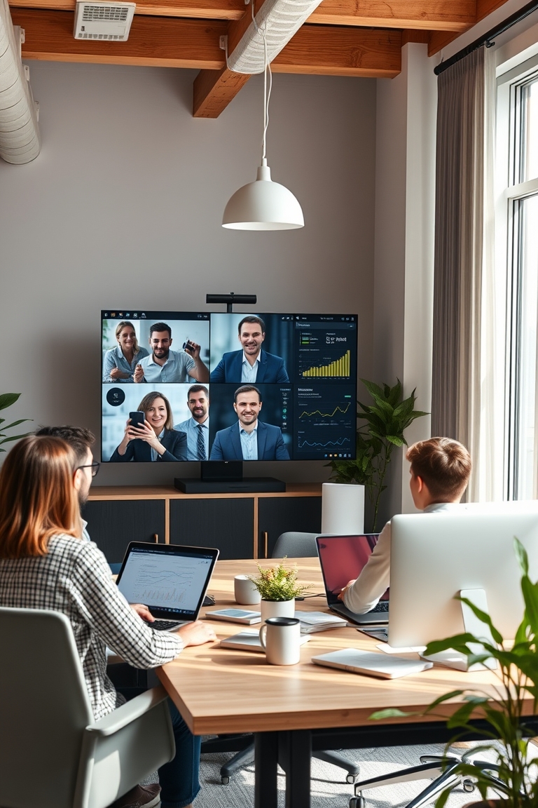Team collaborating via video call in a hybrid office setting