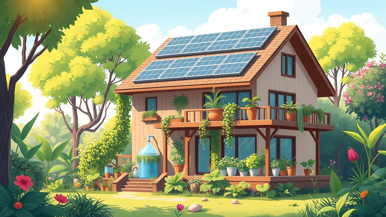 Eco-friendly home with solar panels and green roof
