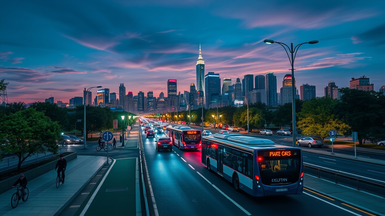 Electric buses and bike lanes in a modern city