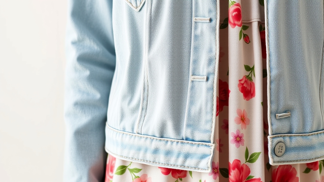 Detailed view of transitional outfits blending denim and florals.