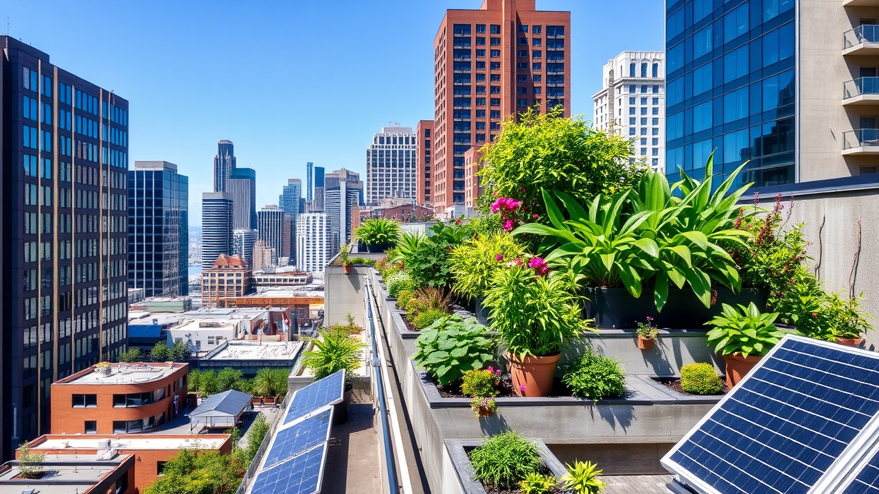 Rooftop garden with balcony planters and solar panels in a city setting.