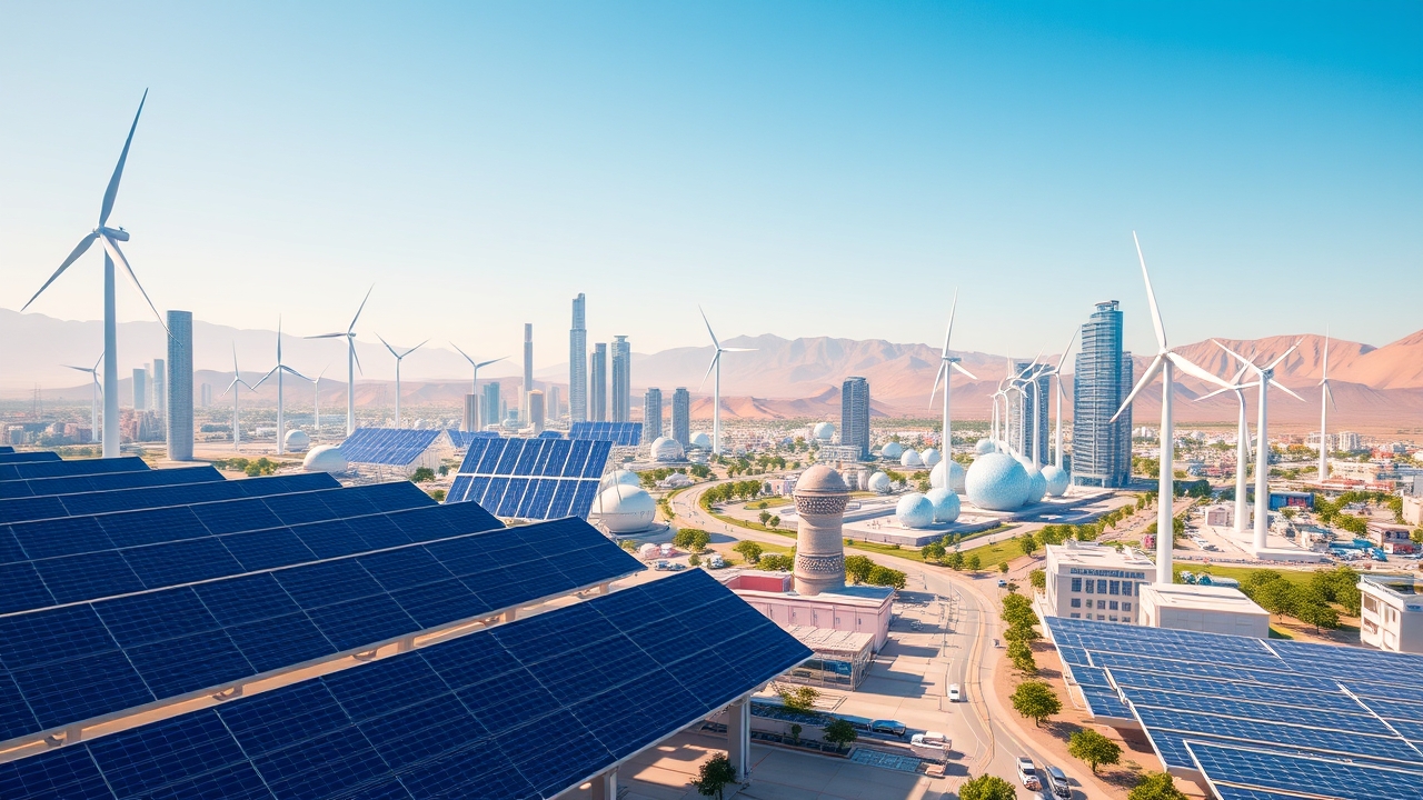 Futuristic city powered by solar, wind, and battery storage
