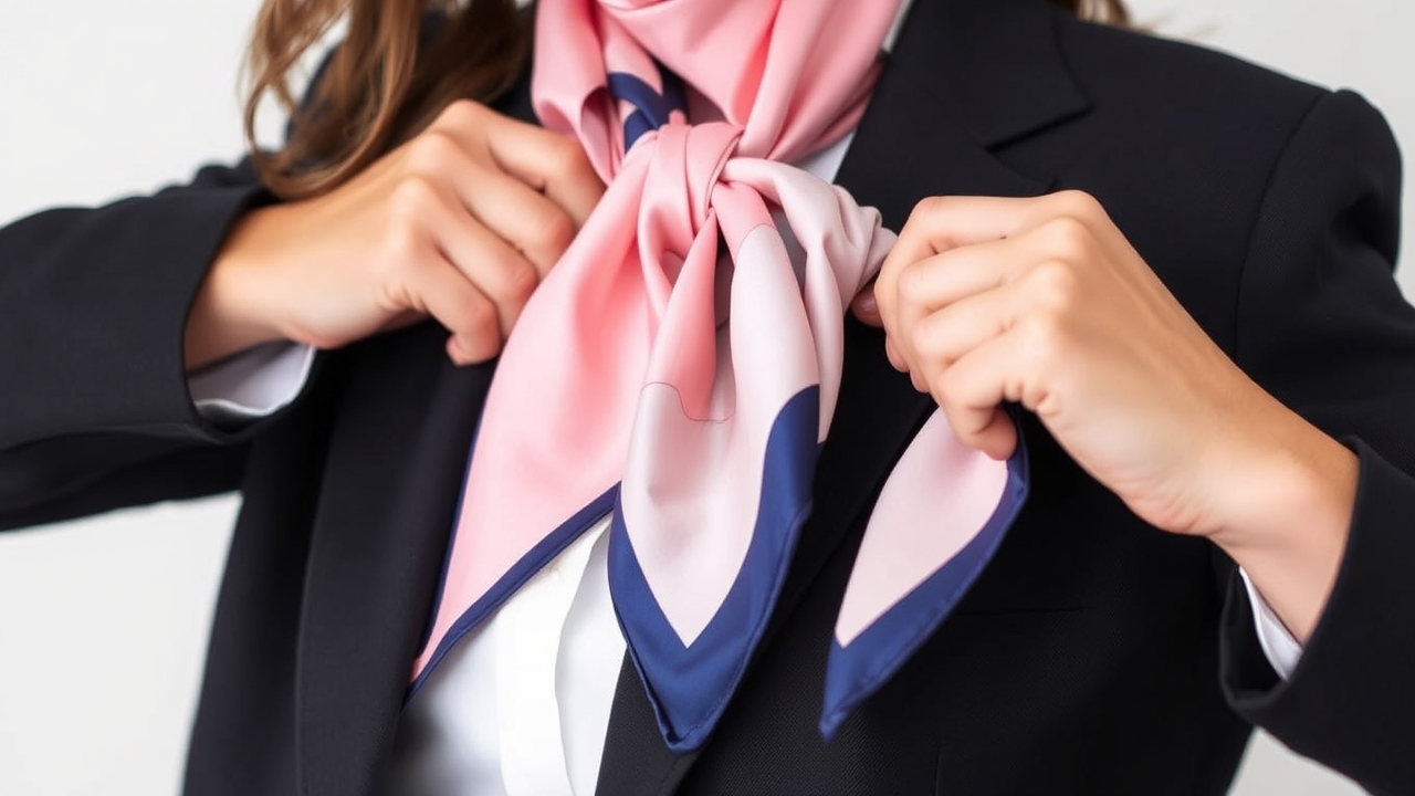 woman tying scarf to blazer lapel, showcasing office wardrobe basics