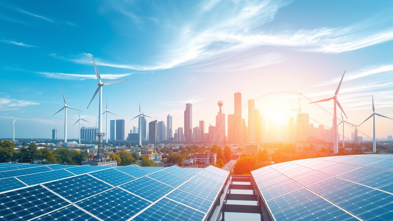 Futuristic city powered by renewable energy sources with holographic data overlays