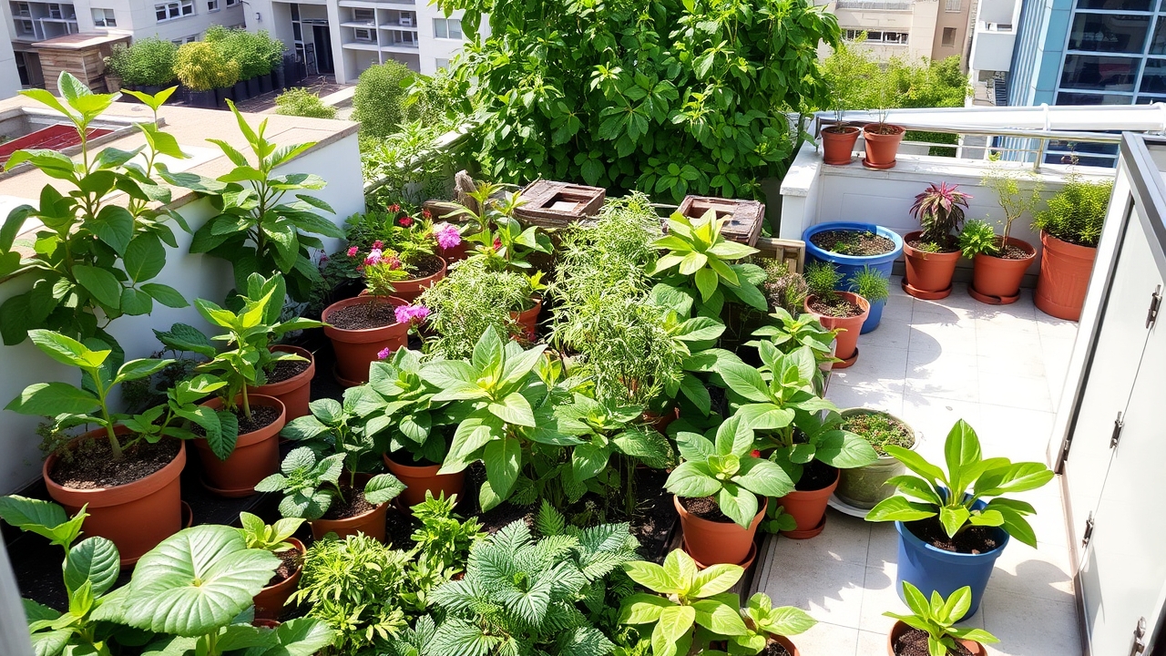 Rooftop garden with assorted plants and city skyline