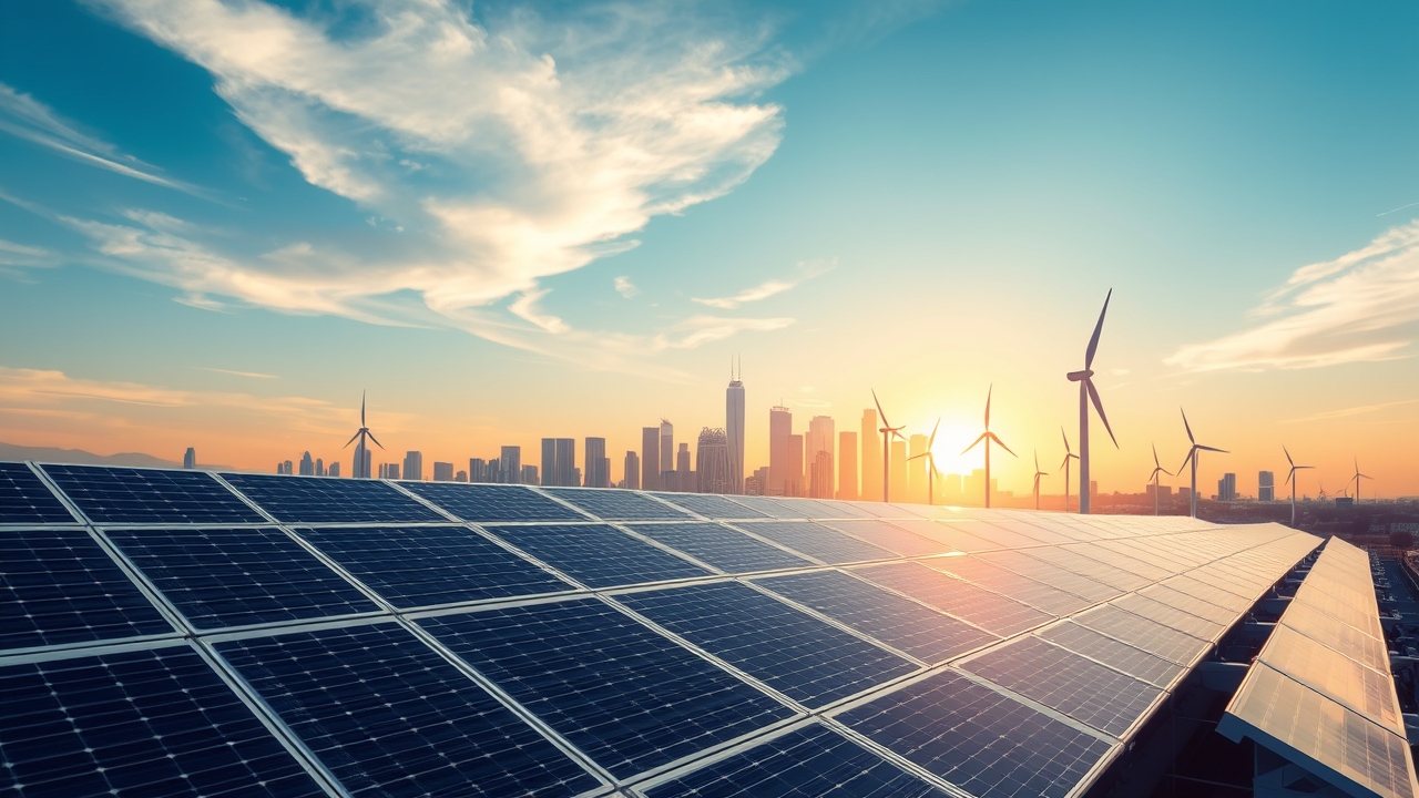 Futuristic city skyline with solar panels and wind turbines