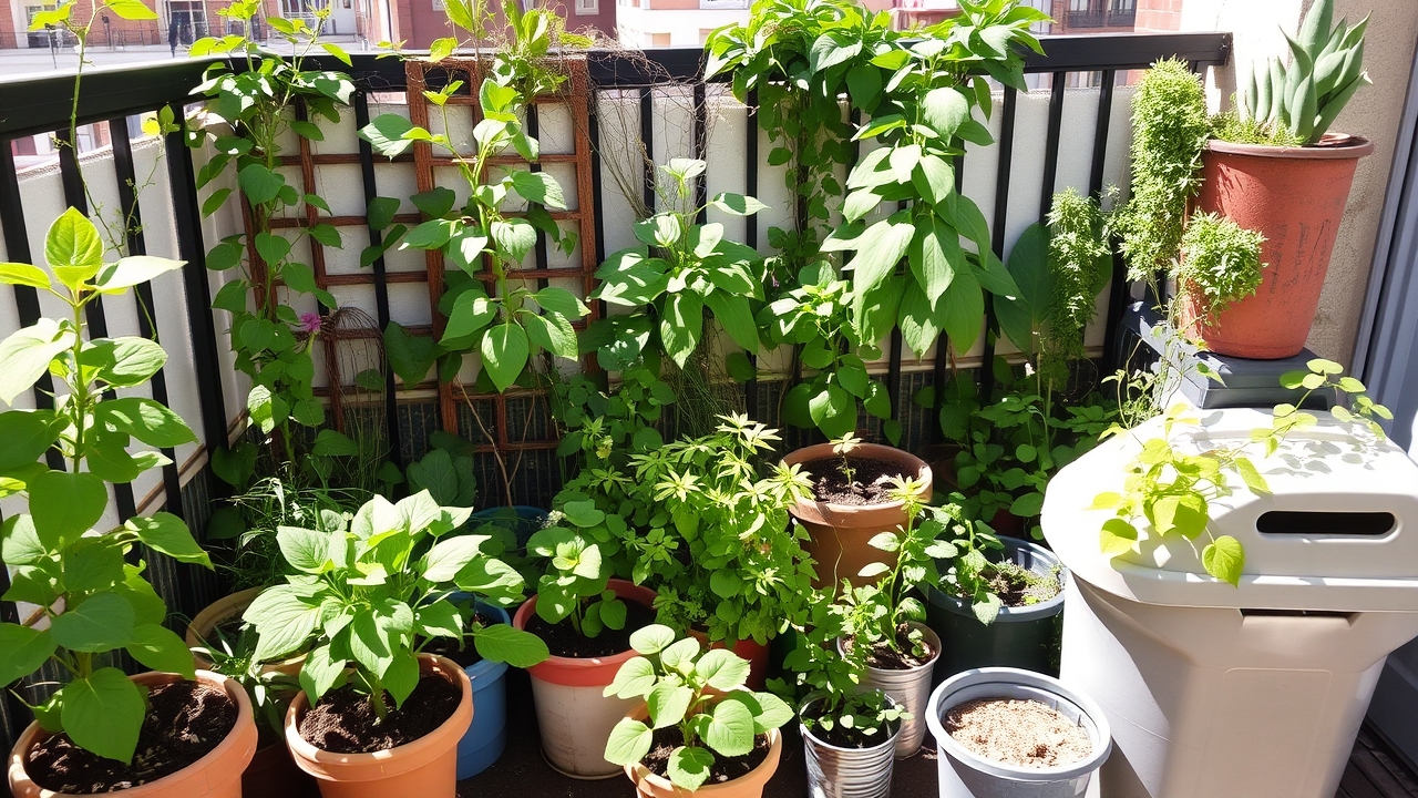 Urban balcony garden with vertical trellis and recycled containers.
