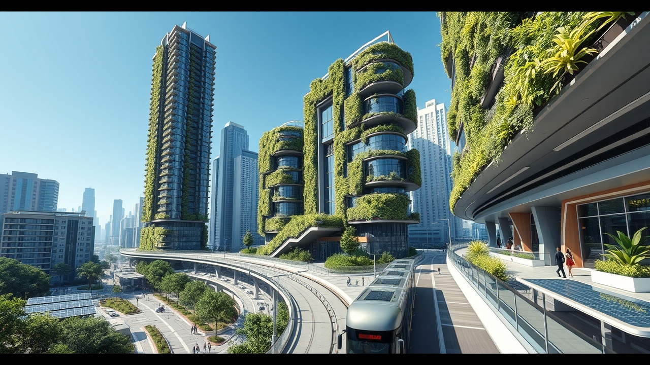 A futuristic sustainable city with vertical forests, pedestrian-friendly streets, and renewable energy infrastructure.