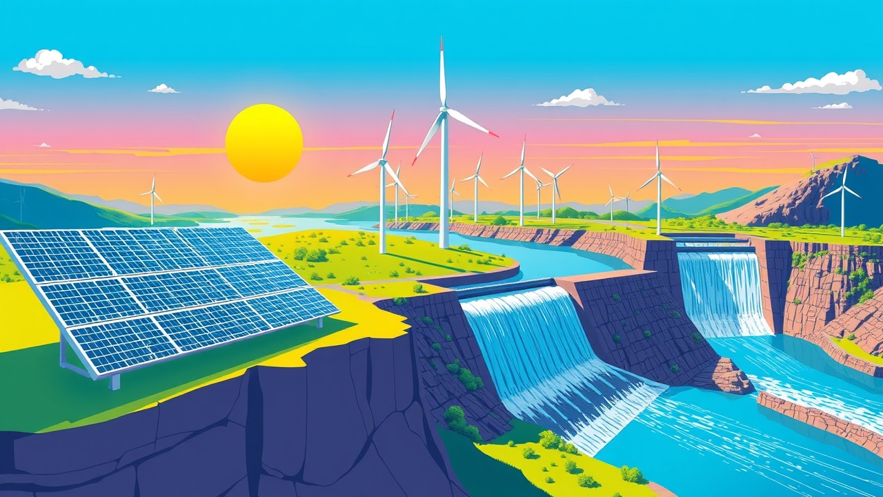 Renewable energy sources including solar panels, wind turbines, and a hydroelectric dam