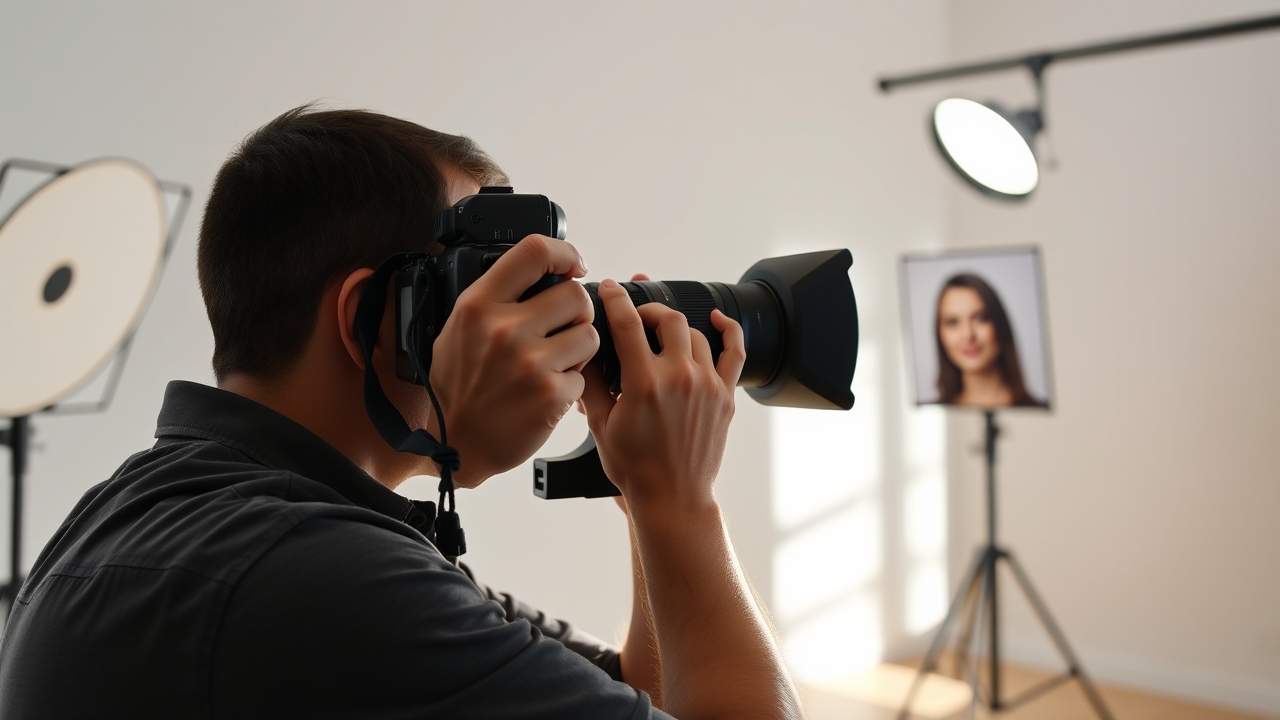 Photographer adjusting DSLR in studio